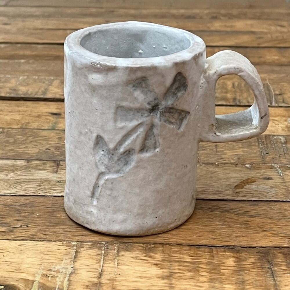 Art Studio Pottery Mug 3.75" Tall Cream Glaze Rustic Impressed Flower Signed